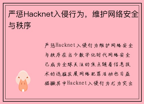 严惩Hacknet入侵行为，维护网络安全与秩序